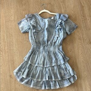 LoveShackFancy Blue Ruched Flutter Sleeve Casual Dress